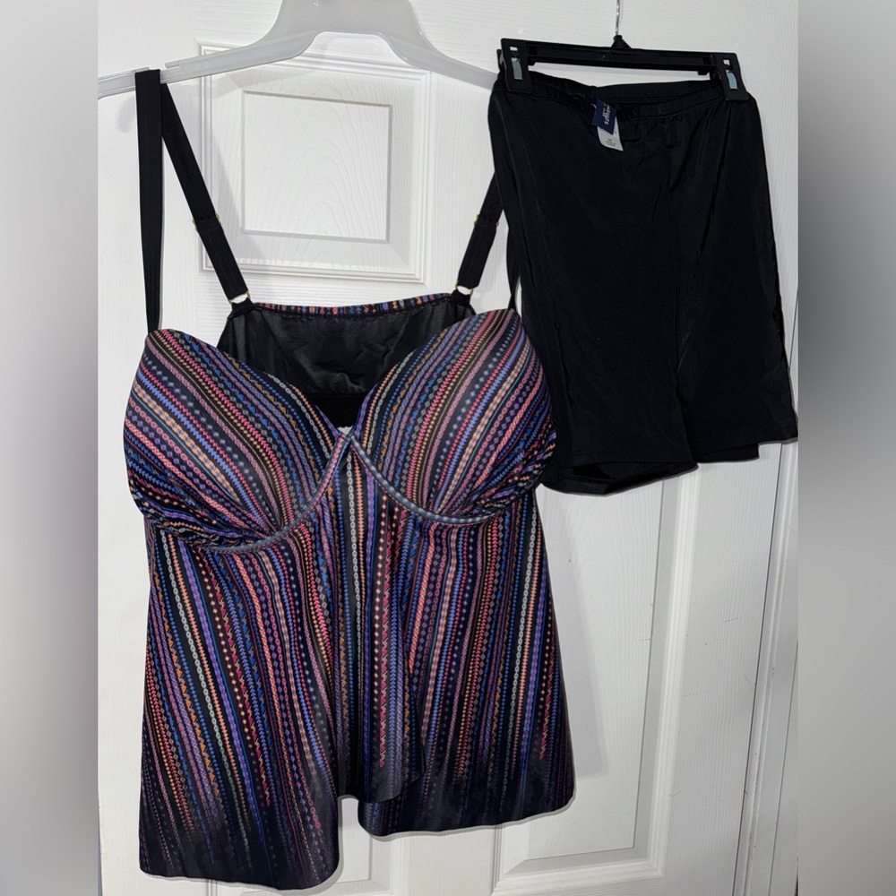 NWT 26w Tankini Set Black Purple Sexy 2 Bottoms Shorts Briefs Handkerchief Top